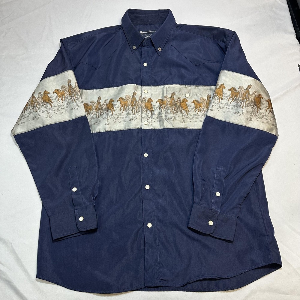 Saxifon Western Shirt Mens M Blue Horse Embroidered Snap Microfiber Cowboy